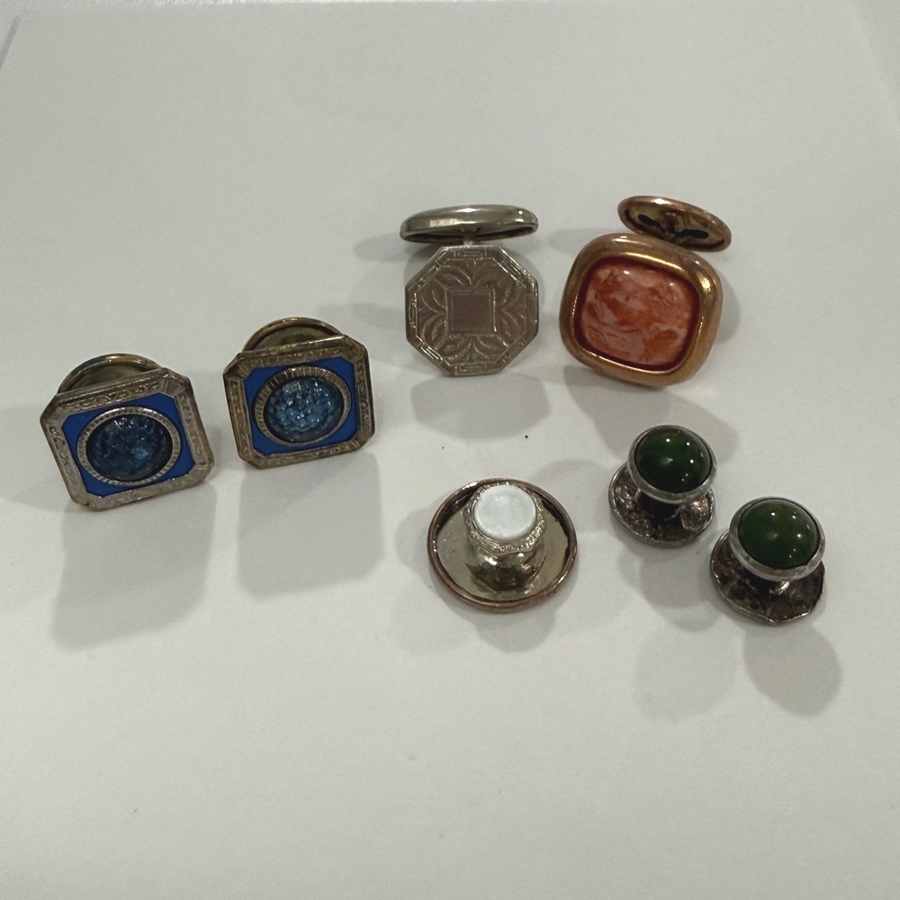 Vintage Cufflinks Shirt Studs Lot Blue Enamel Green Sterling Art Deco Style JC29